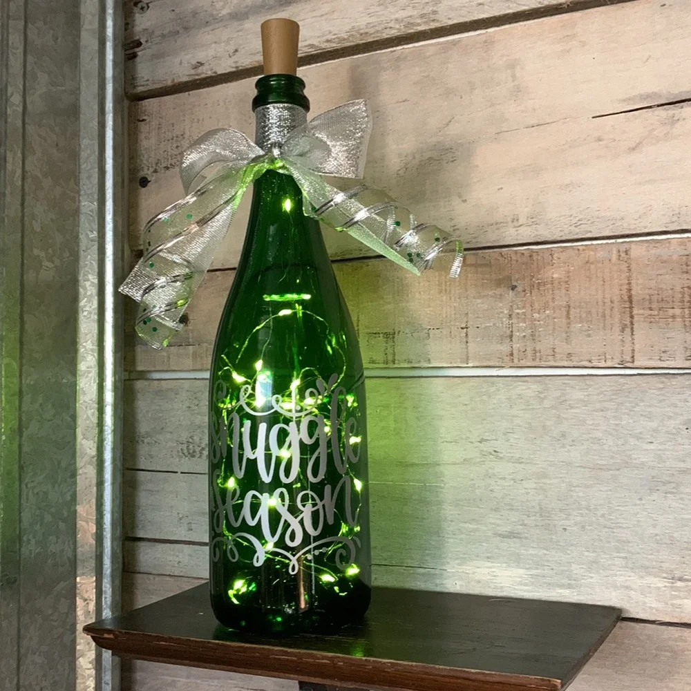 Hand Crafted- ‘Snuggle Season’ green wine bottle lantern